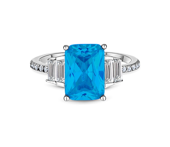 Aquamarine coloured ring in rhodium plating with c