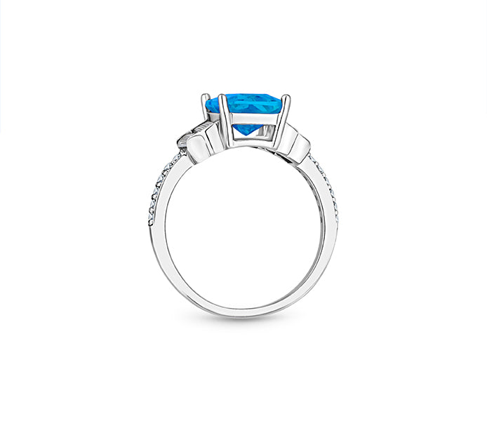 Aquamarine coloured ring in rhodium plating with c