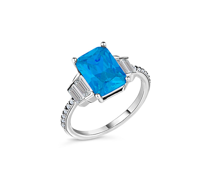 Aquamarine coloured ring in rhodium plating with c
