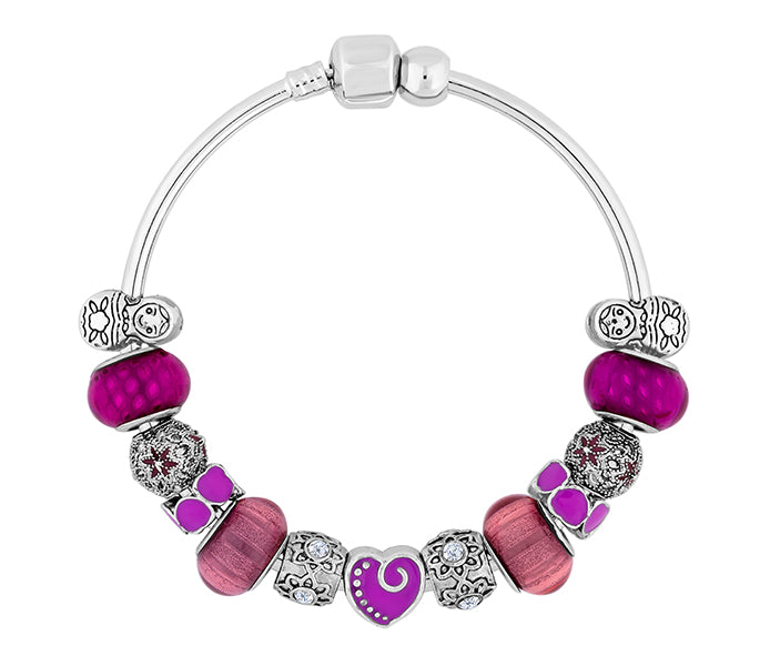 Charm Bracelet with Purple Charms on Solid Bangle