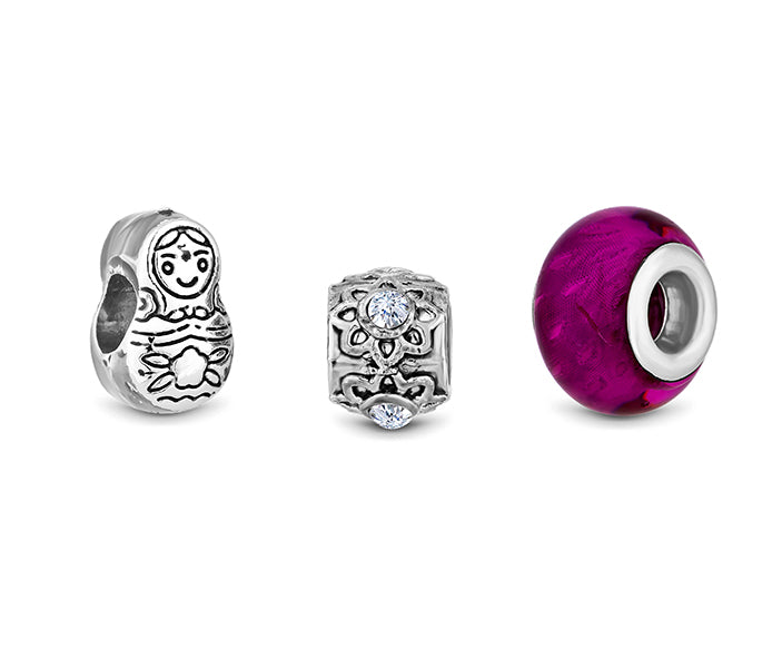 Charm Bracelet with Purple Charms on Solid Bangle