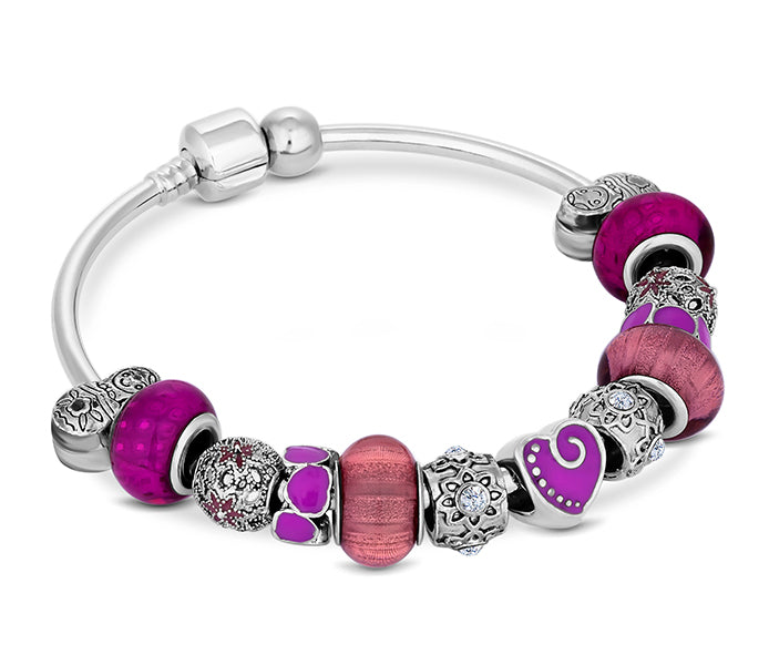 Charm Bracelet with Purple Charms on Solid Bangle