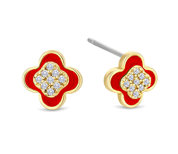 Clover earrings in yellow gold plating with red en