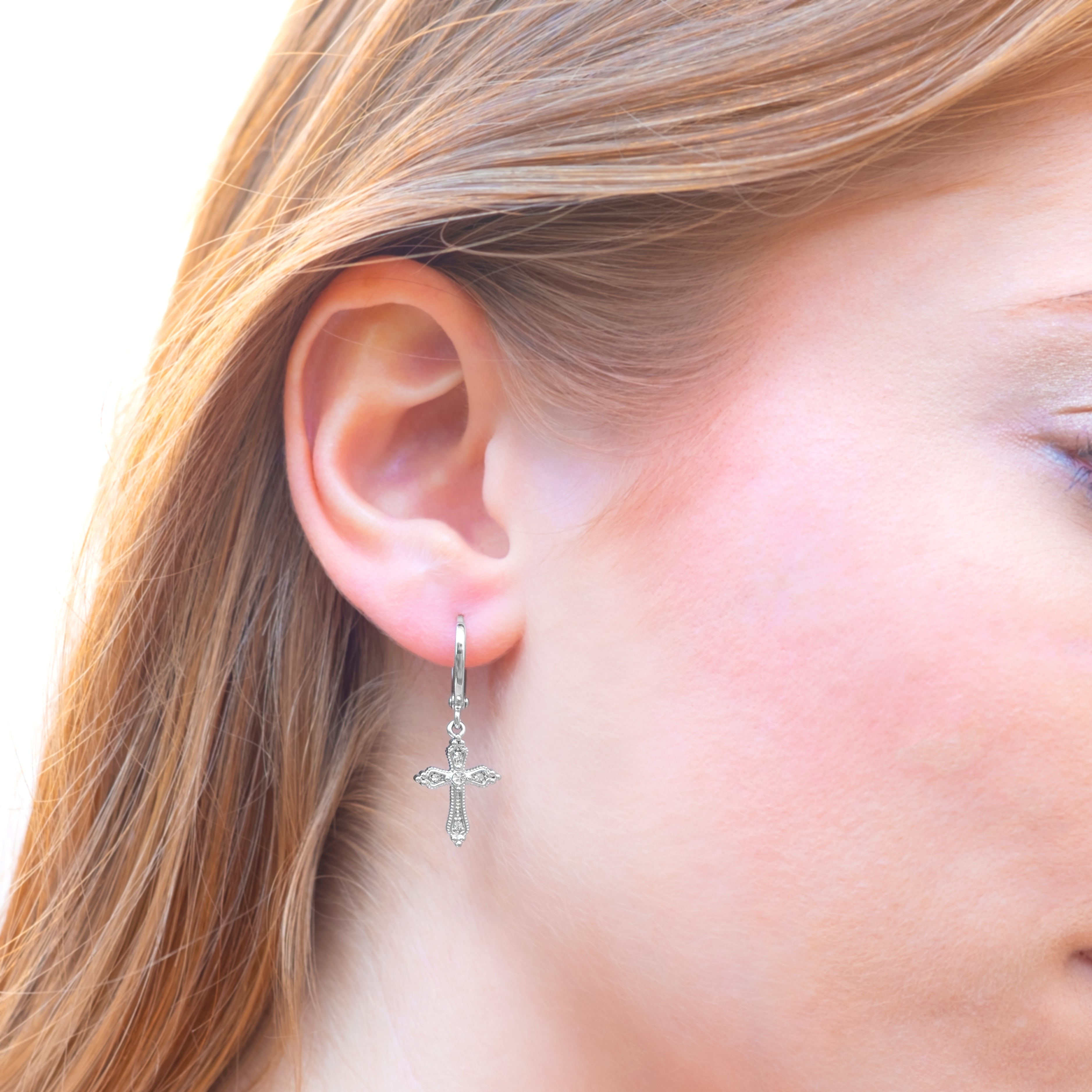 Cross drop earrings in rhodium plating