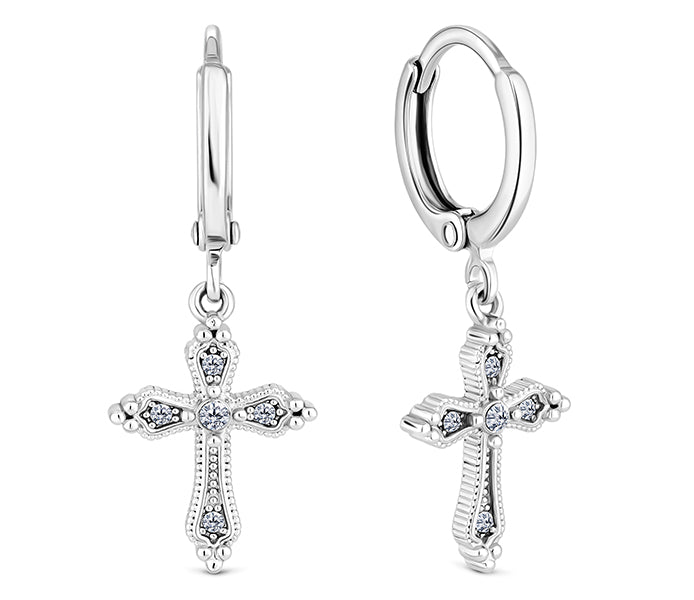 Cross drop earrings in rhodium plating