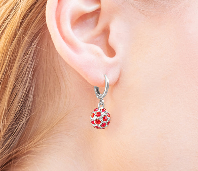 Crystal Ball Earrings in rhodium with red crystals