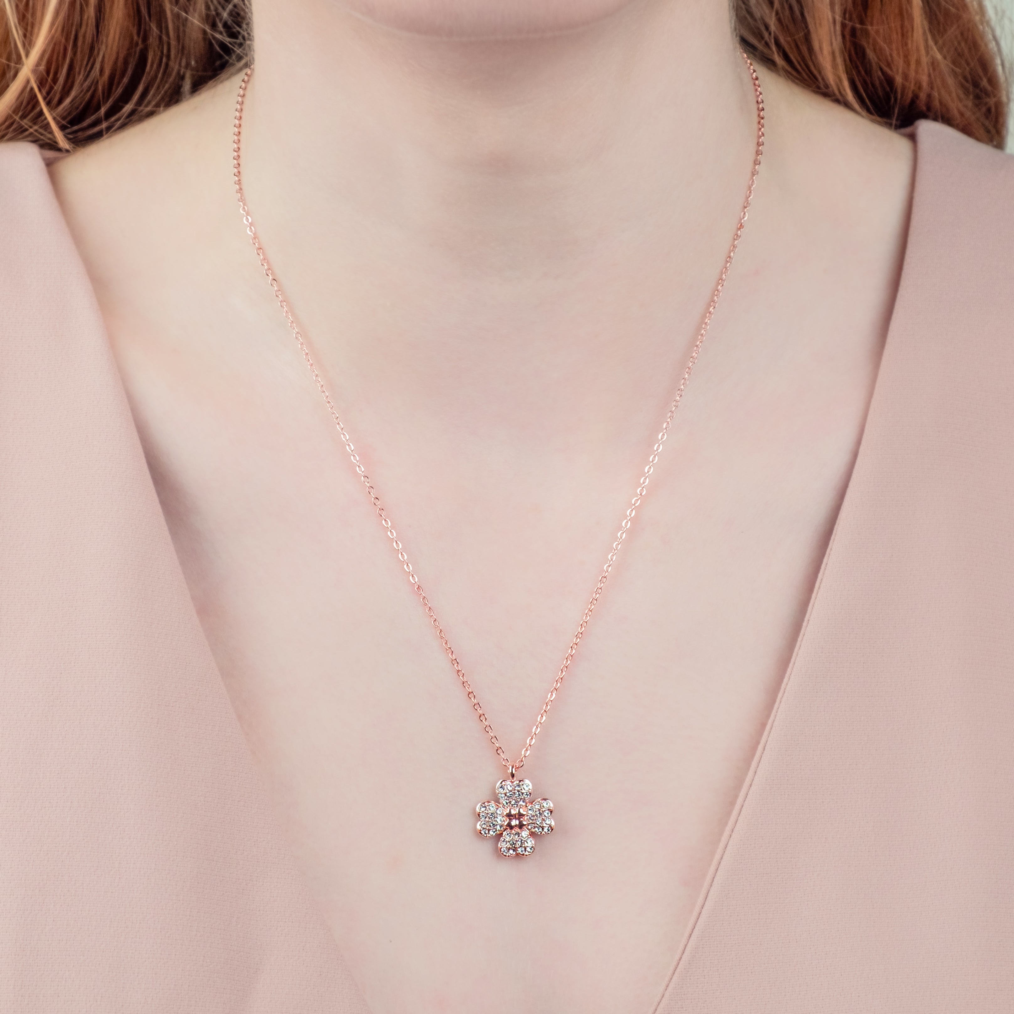 Reverse Flower Necklace with Crystals in rose gold