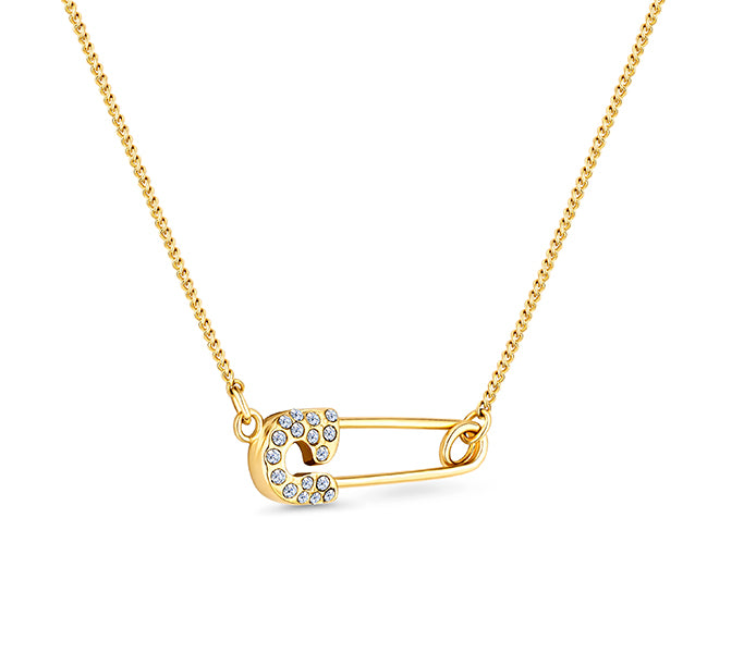 Safety pin pendant in gold plating with clear crys