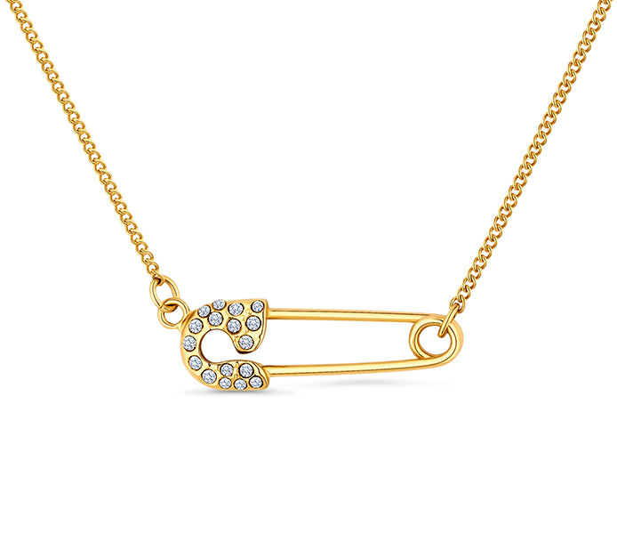Safety pin pendant in gold plating with clear crys
