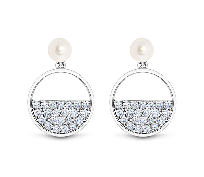 Semi circle pearl drop earrings in rhodium plating