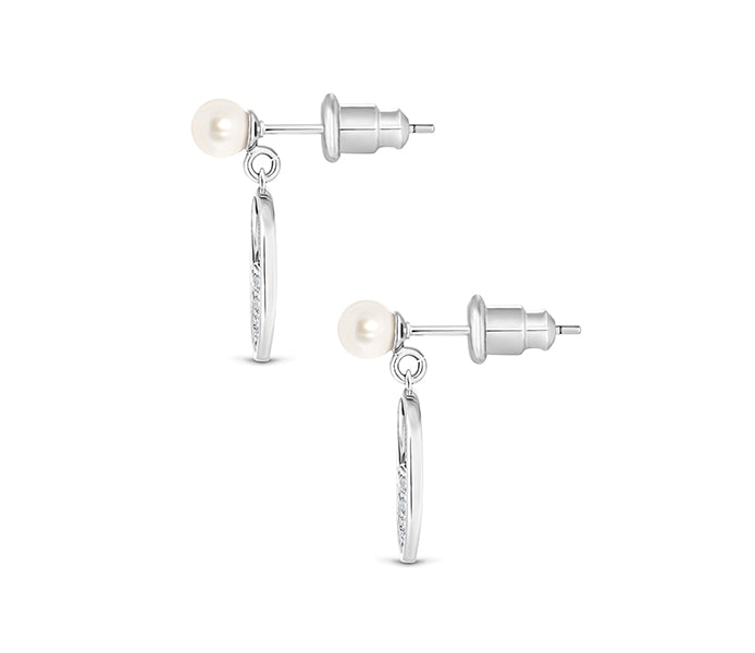Semi circle pearl drop earrings in rhodium plating