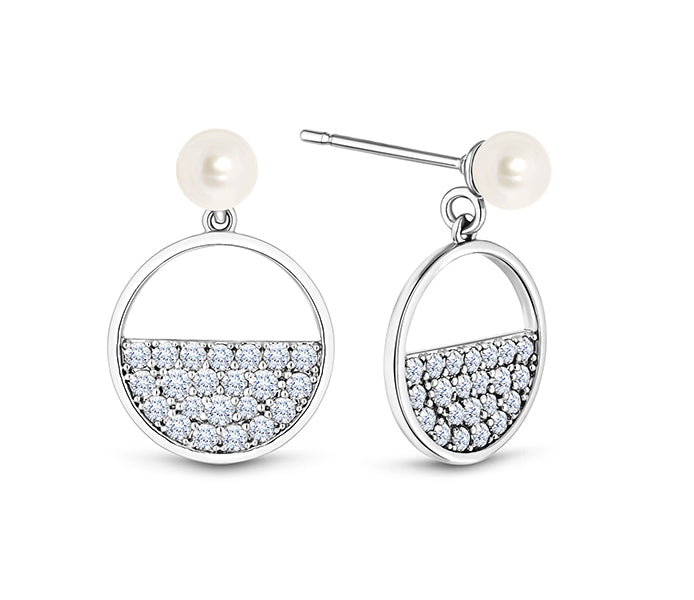 Semi circle pearl drop earrings in rhodium plating