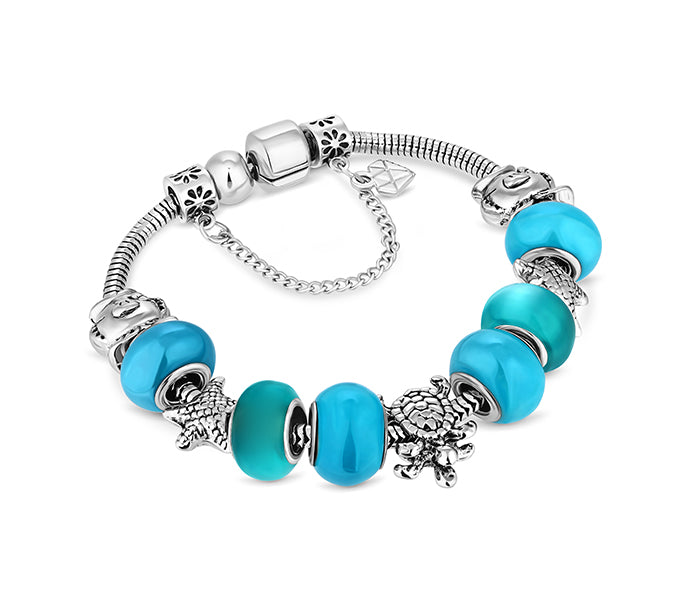 Charm Bracelet with Beach Charms and Pale Blue Bea