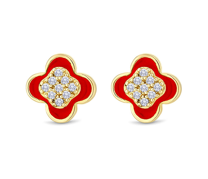 Clover earrings in yellow gold plating with red en
