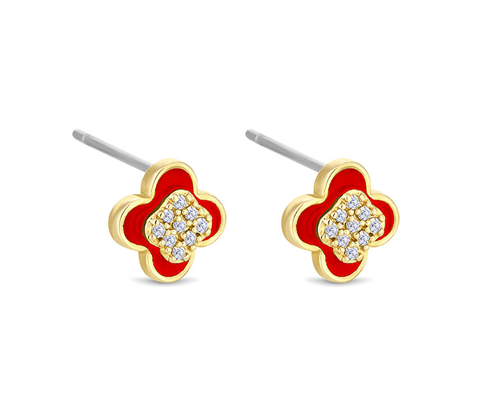 Clover earrings in yellow gold plating with red en