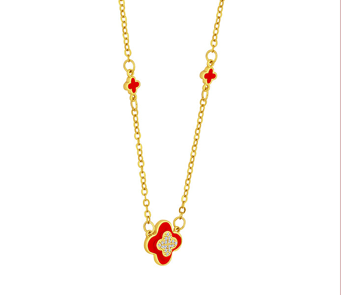 Clover necklace in yellow gold plating and red ena