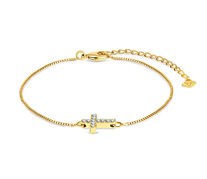 Cross bracelet with crystals in yellow gold platin