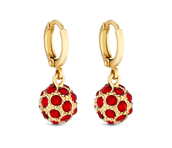 Crystal ball earring in yellow gold with red cryst