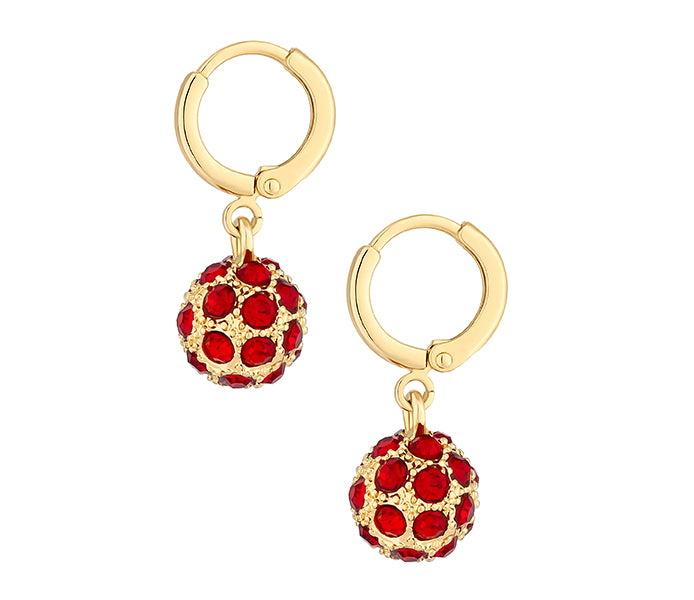 Crystal ball earring in yellow gold with red cryst