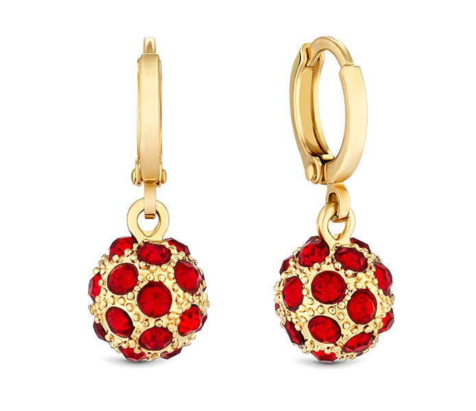Crystal ball earring in yellow gold with red cryst