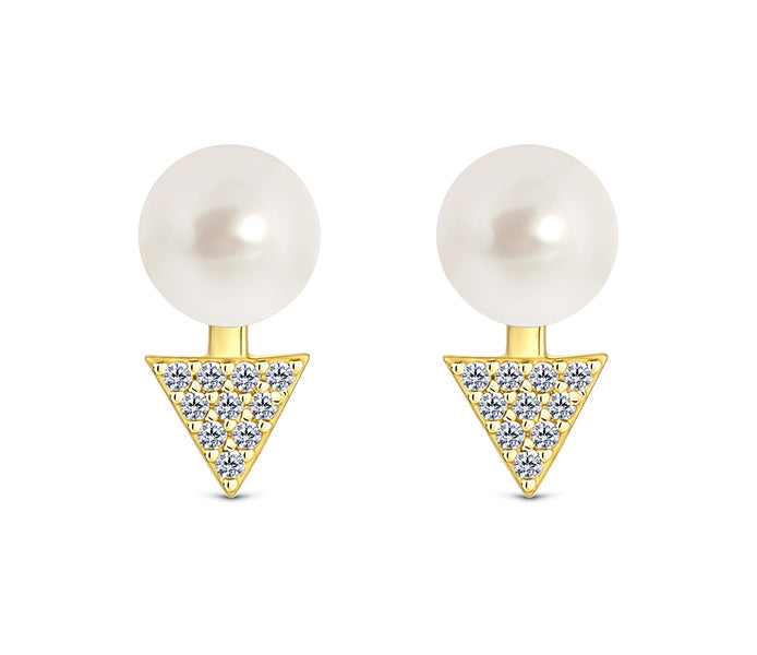 Pearl triangle stud in gold plating with CZ stones