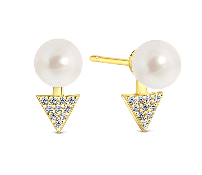 Pearl triangle stud in gold plating with CZ stones