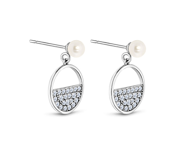 Semi circle pearl drop earrings in rhodium plating