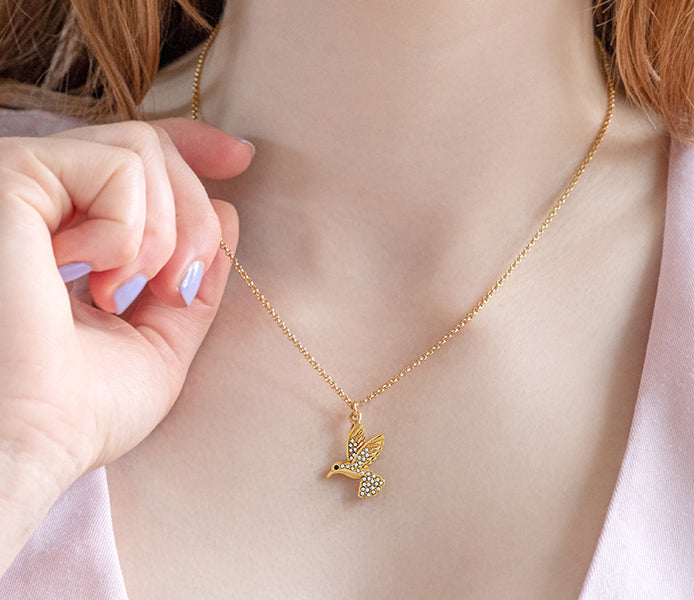 Hummingbird Pendant in yellow gold plating with crystals